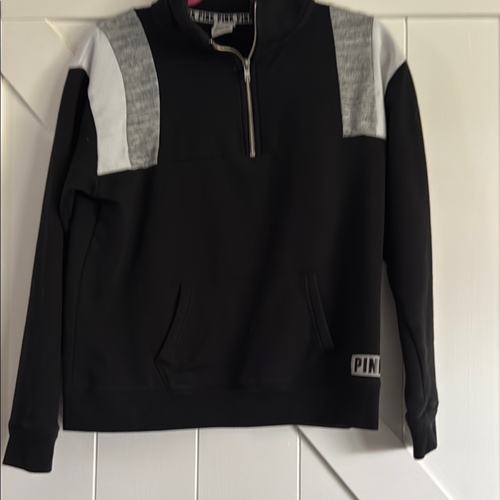 PINK: Black and Gray Quarter-Zip Sweatshirt